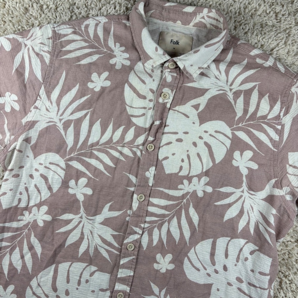 Folk Kingston‎ Hawaiian Shirt Mens M Pink Monstera Tropical Leaf Cotton Waffle
